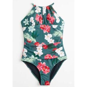 B2Prity XL Teal Floral & Palm High Neck One Piece Swimsuit Ruched